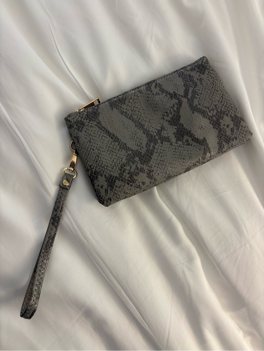 Gray Snake-Print Wristlet Clutch